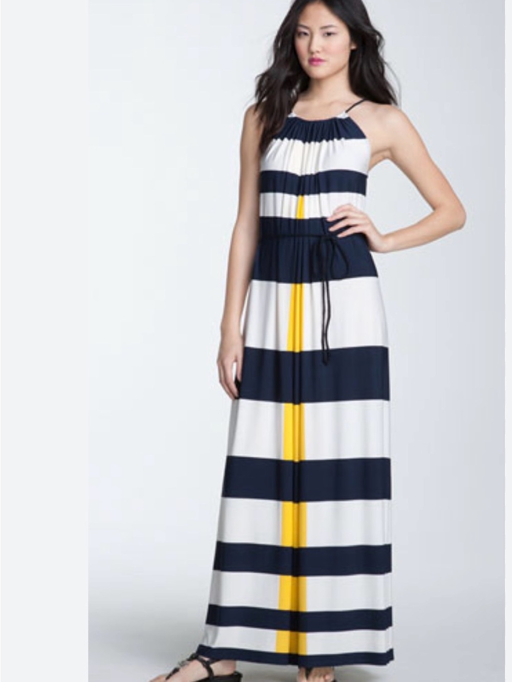 Maggy London Navy, White & Yellow Striped Halter Maxi Dress